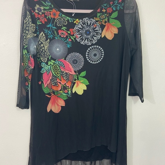 NWT DESIGUAL Floral Tunic Top Black Mesh Sz L Tall US Embellished Boho Artsy - Picture 3 of 13